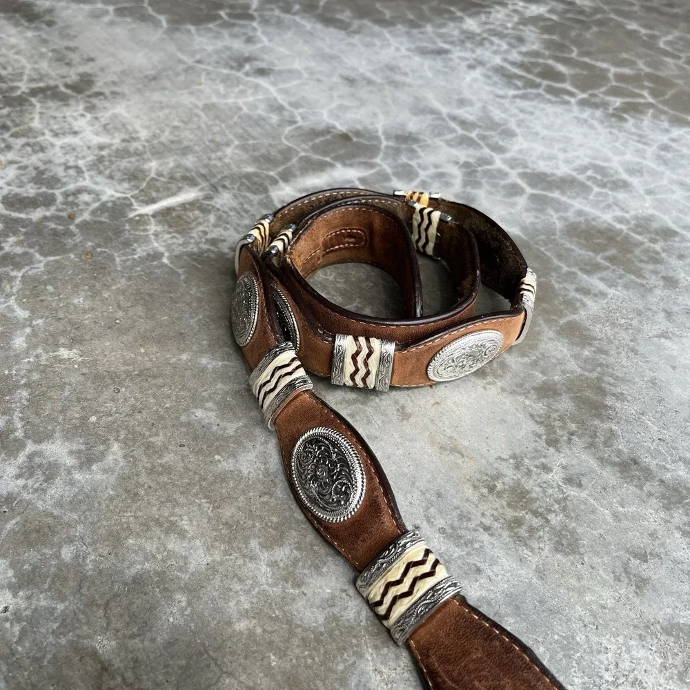 True Vintage Tony Lama Brown Leather Belt Studded Silver Size 44